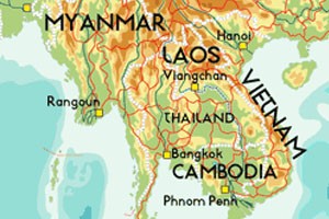 Cambodia, Laos, Myanmar and Vietnam on map.